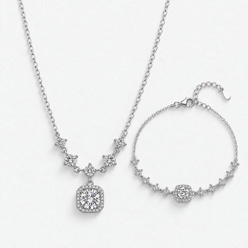 925 Sterling Silver Moissanite Necklace & Bracelet Set in Silver, product view on a white background - Ravyena