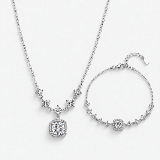 925 Sterling Silver Moissanite Necklace & Bracelet Set in Silver, product view on a white background - Ravyena