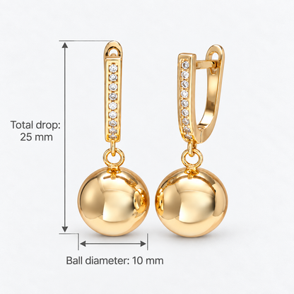 Gold-Tone Crystal Ball Drop Hoop Earrings, Total drop: 25 mm; Ball diameter: 10 mm - Ravyena