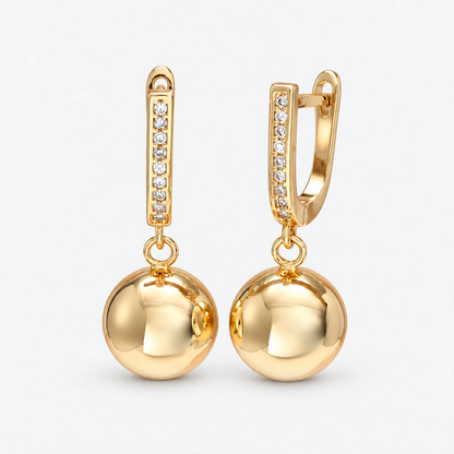 Gold-Tone Crystal Ball Drop Hoop Earrings in Gold, product view on a white background - Ravyena