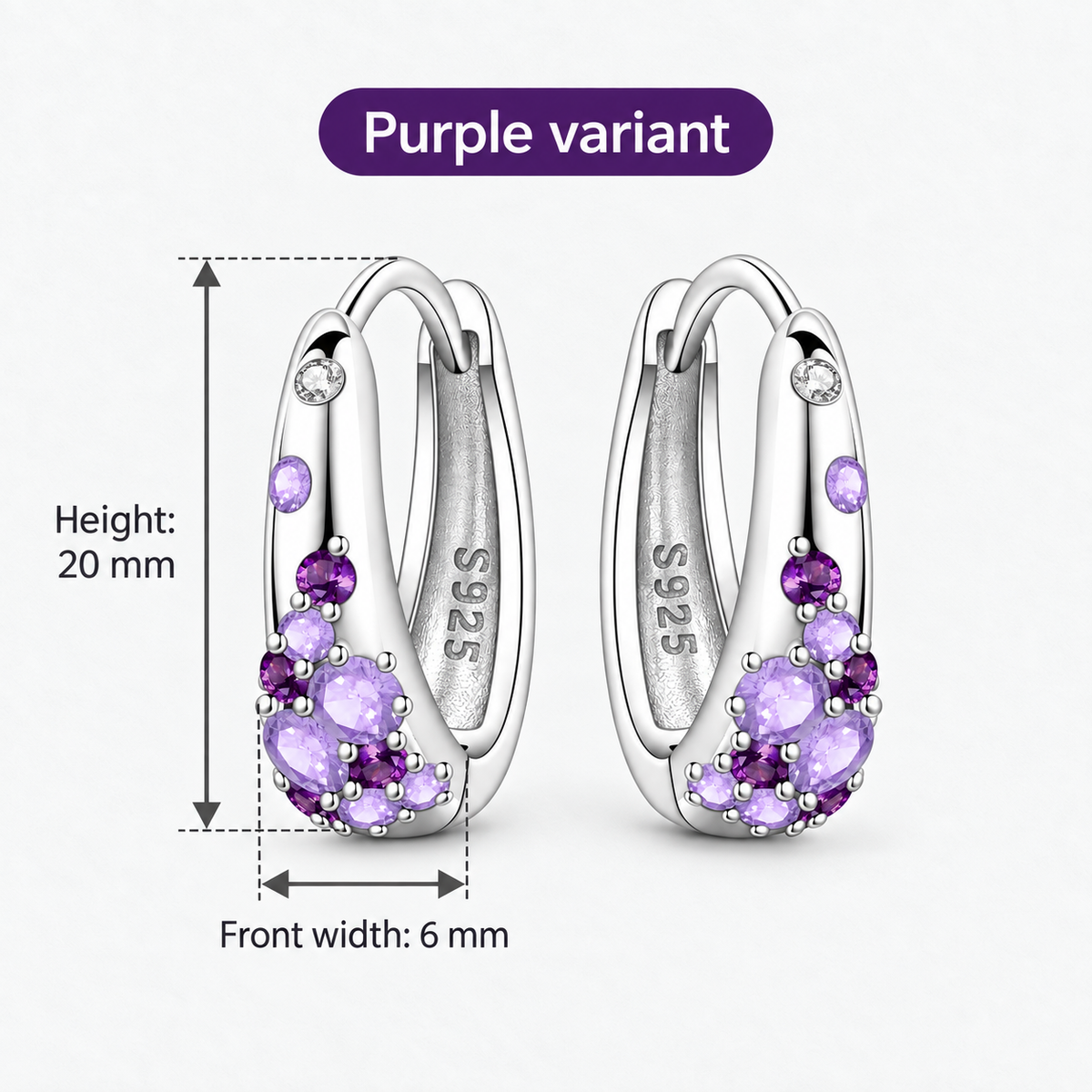 Sterling Silver Colour Crystal Hoop Earrings, Purple variant; Height: 20 mm; Front width: 6 mm - Ravyena