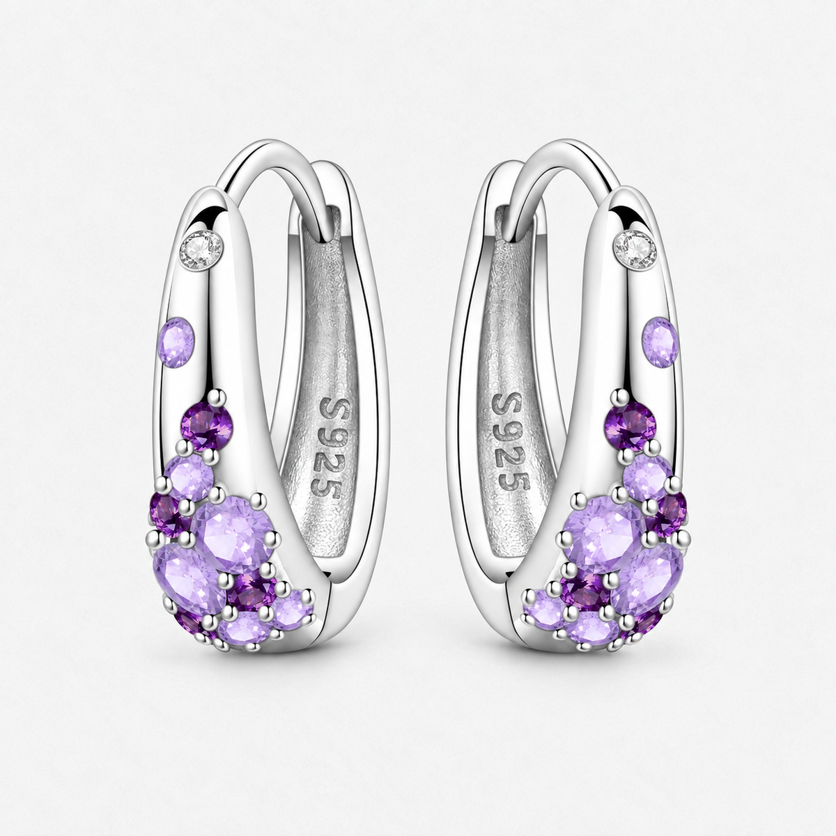 Sterling Silver Colour Crystal Hoop Earrings in Purple, product view on a white background - Ravyena