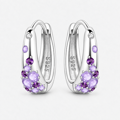 Sterling Silver Colour Crystal Hoop Earrings in Purple, product view on a white background - Ravyena