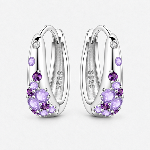 Sterling Silver Colour Crystal Hoop Earrings in Purple, product view on a white background - Ravyena