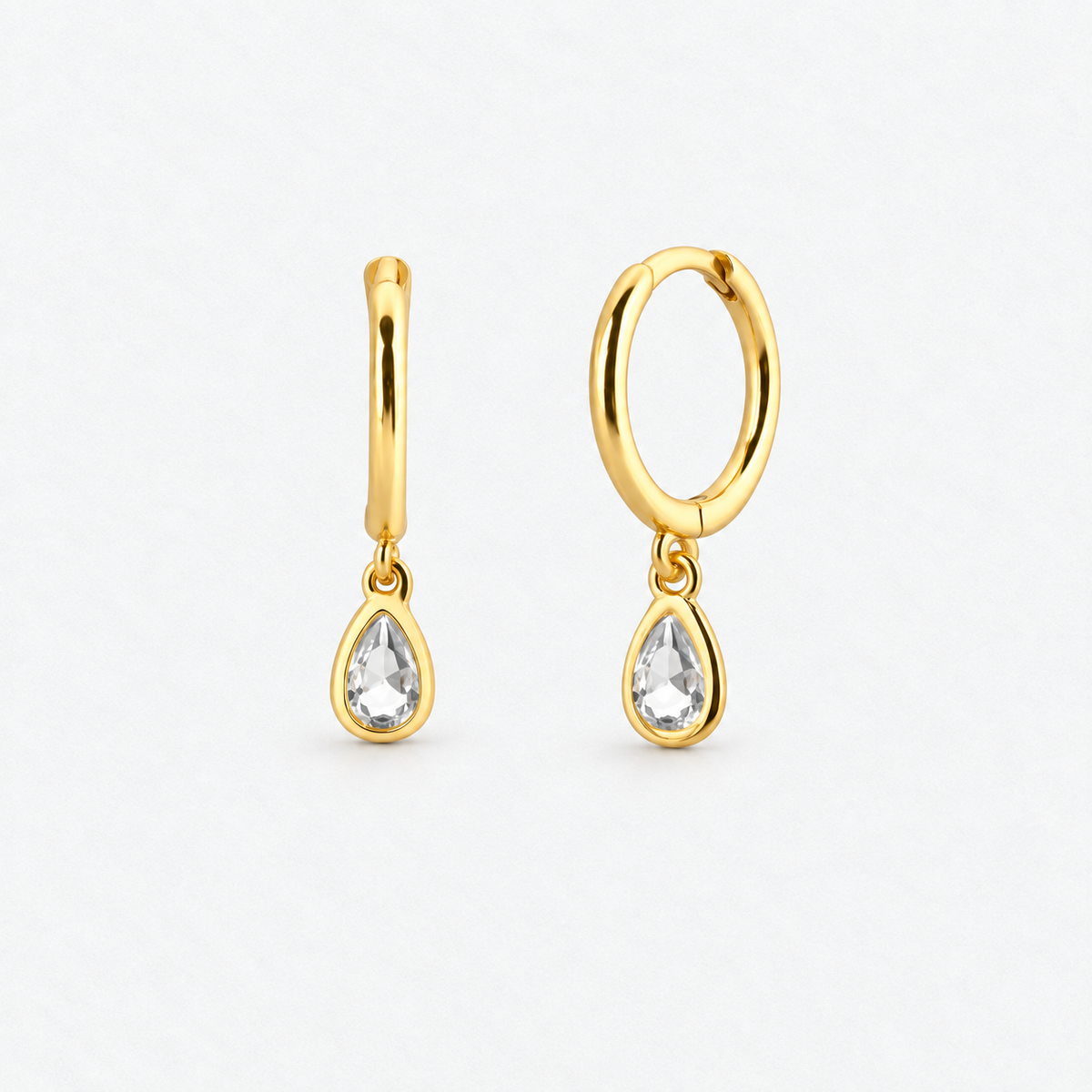 Dainty Teardrop Crystal Hoop Earrings in Gold, product view on a white background - Ravyena