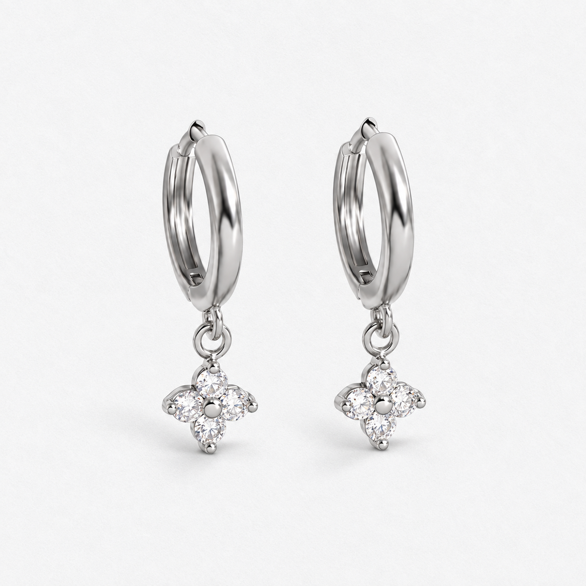 925 Sterling Silver Crystal Flower Hoop Earrings in Silver, product view on a white background - Ravyena
