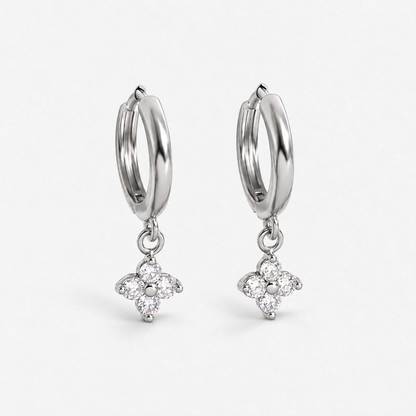 925 Sterling Silver Crystal Flower Hoop Earrings in Silver, product view on a white background - Ravyena
