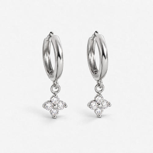 925 Sterling Silver Crystal Flower Hoop Earrings in Silver, product view on a white background - Ravyena