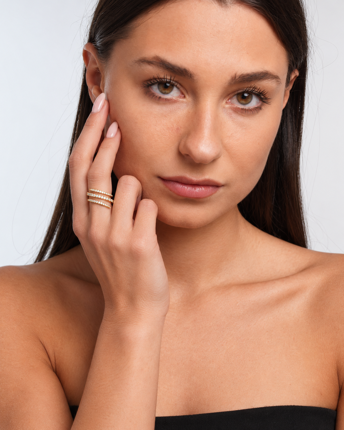 Crystal 3 Layer Stacking Ring in gold worn by a model, portrait