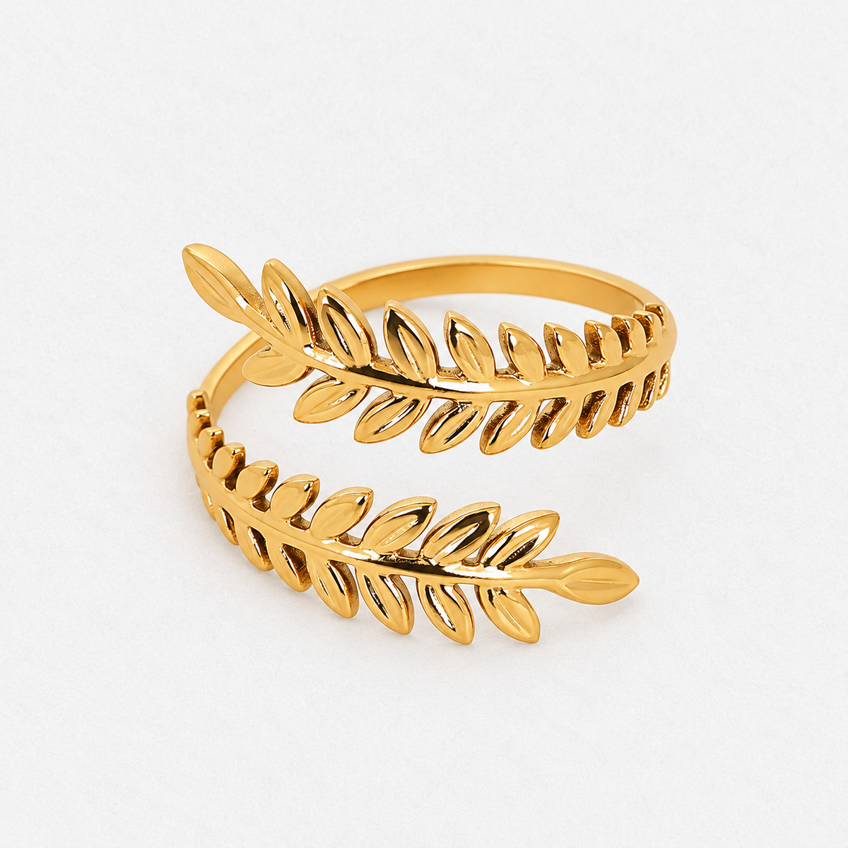 18K Plated Gold Olive Leaf Nature Ring in gold, product detail on a neutral white background
