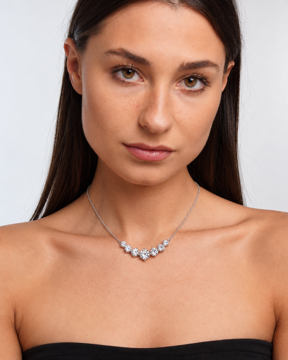 5A Cut 925 Sterling Silver Zircon Pendant Necklace in silver worn by a model, portrait