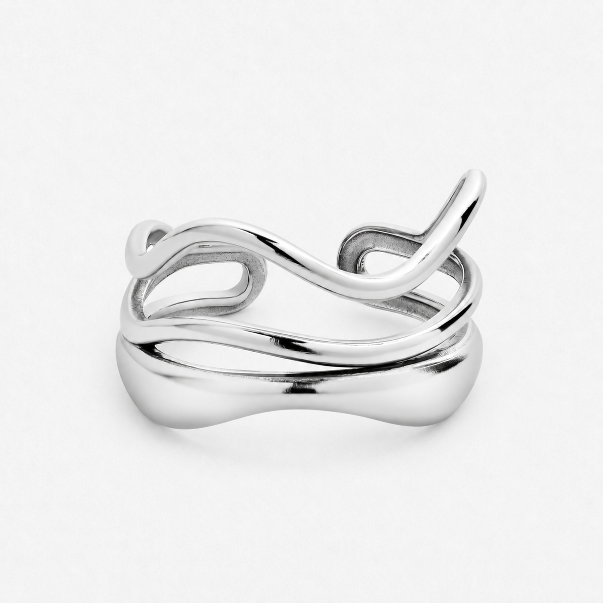 Tyra silver-coloured sculptural ring photographed alone on the approved off-white background