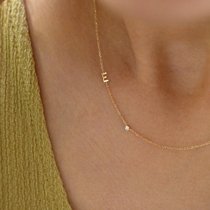 Pavé initial necklace variation E, modern sideways design