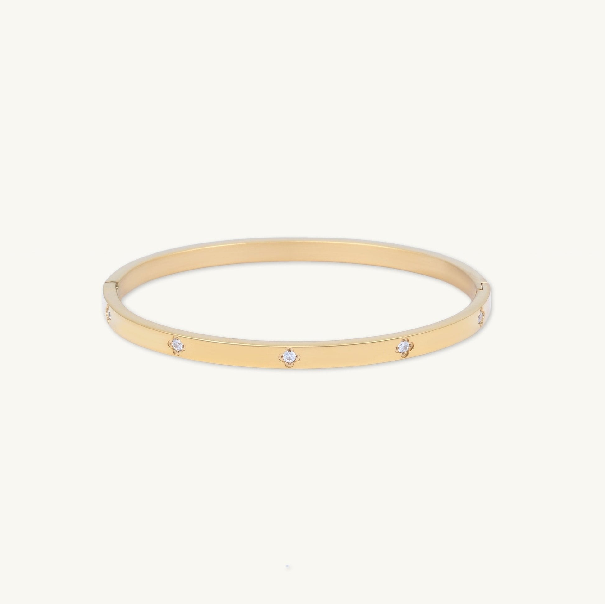Slim clover zirconia hinged bangle bracelet in gold