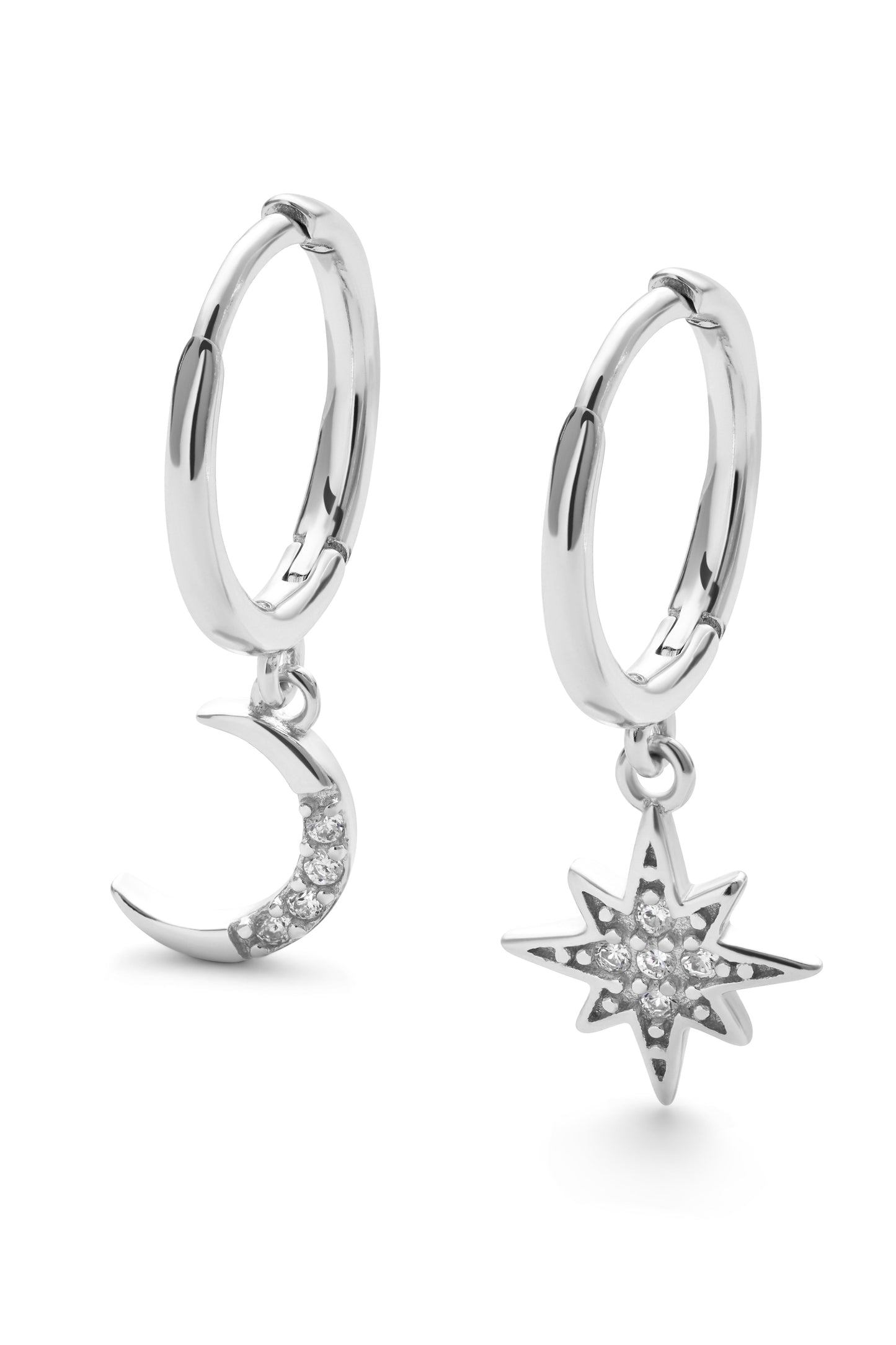 Sterling silver star and crescent moon earrings, celestial design